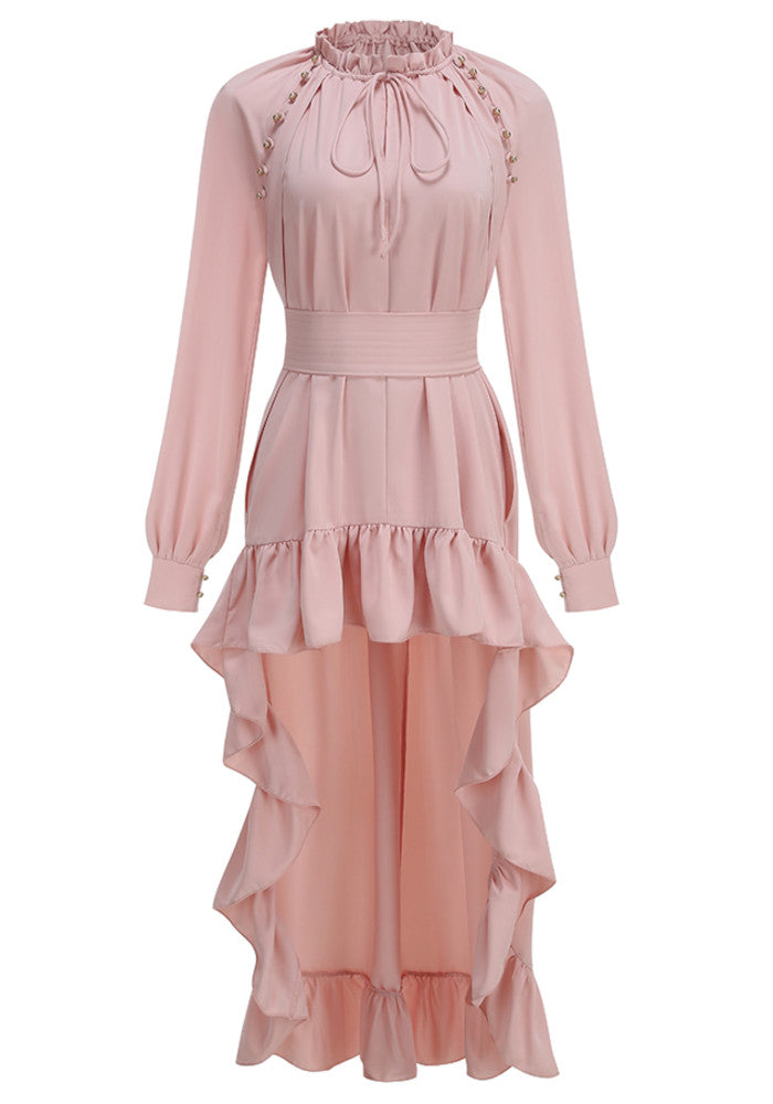 Long Sleeve High Low Ruffle Maxi Dress Pink