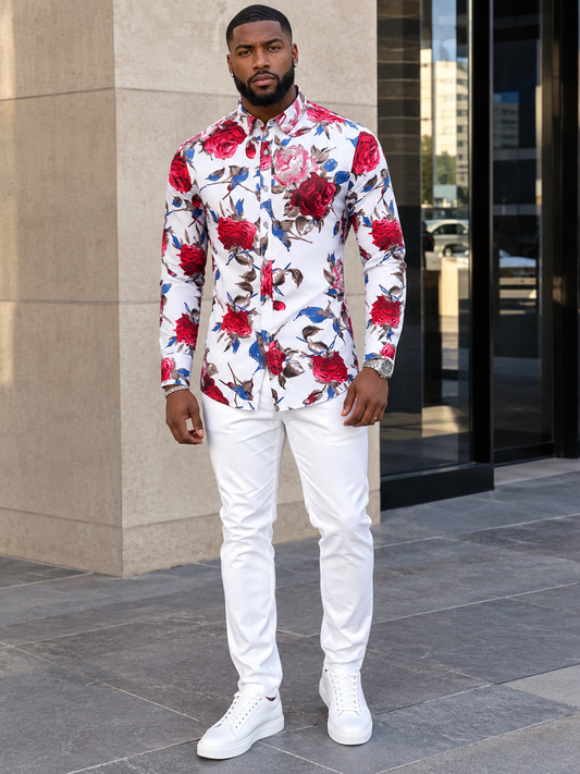Men's Plus Size Long Sleeve Floral Print Button-Down Shirt