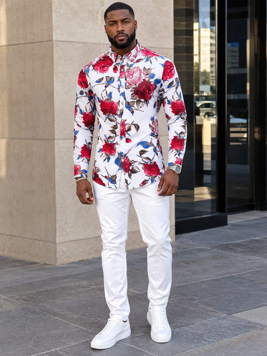 Men's Plus Size Long Sleeve Floral Print Button-Down Shirt
