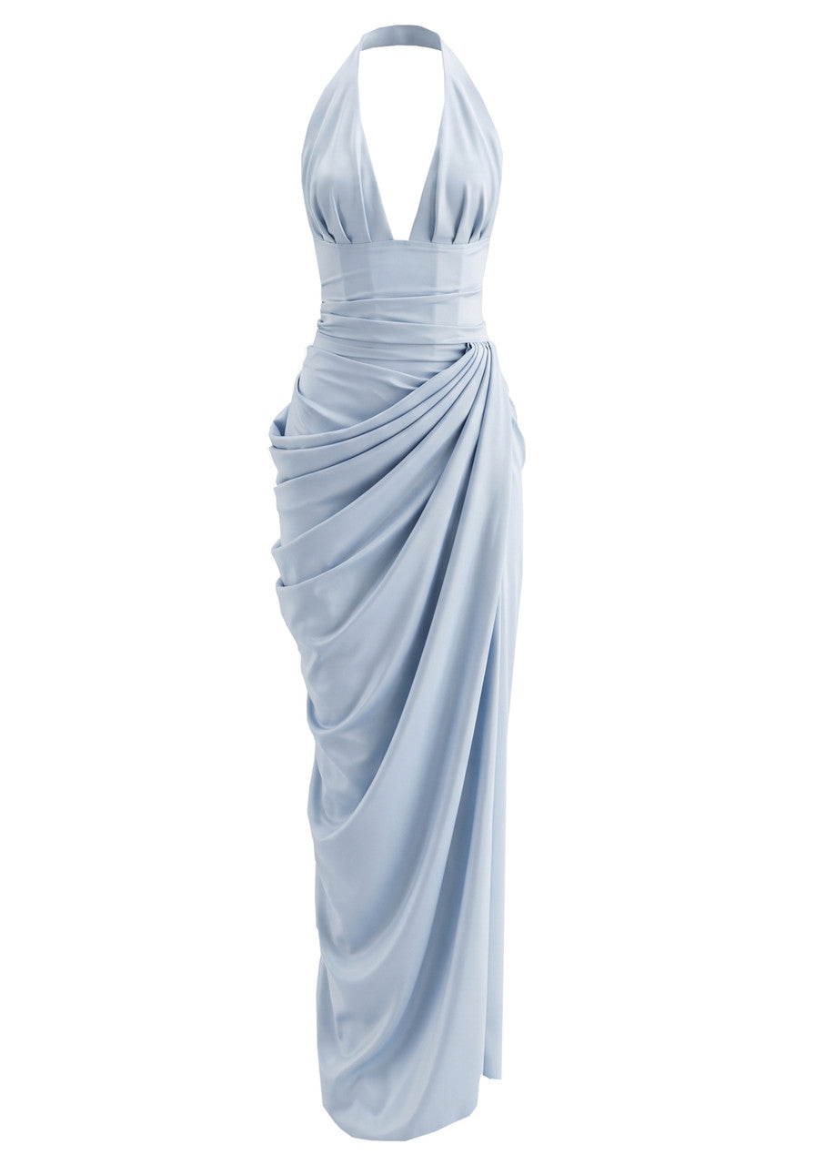 Halter Draped Corset Maxi Dress Light Blue