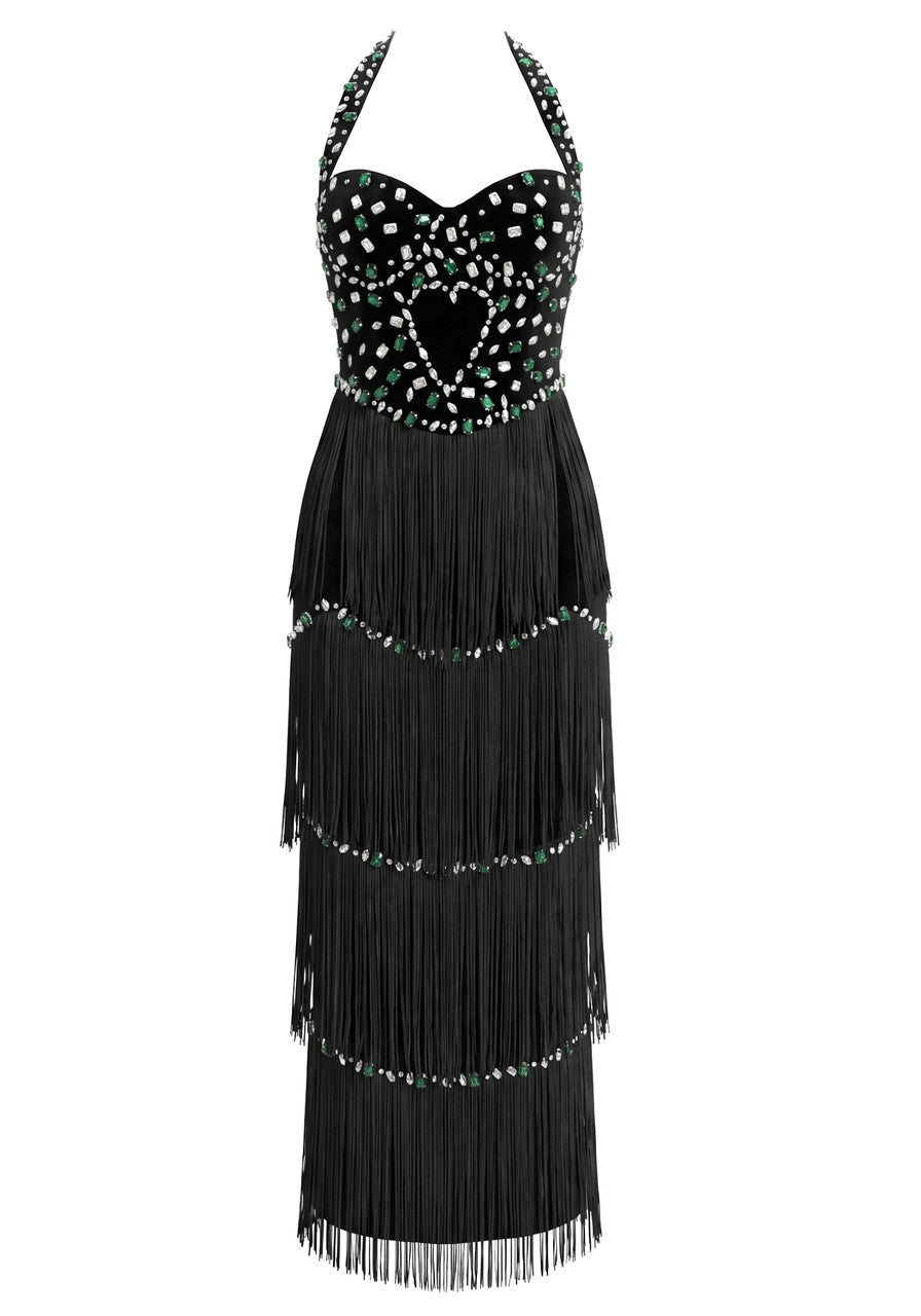 Halter Crystal Tassel Maxi Dress Black