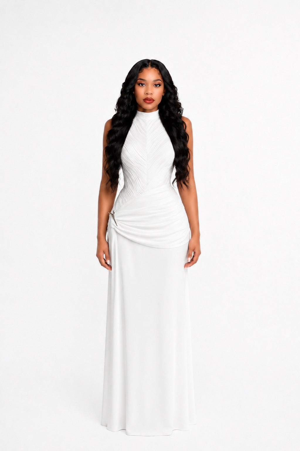 Halter Draped A Line Maxi Dress White