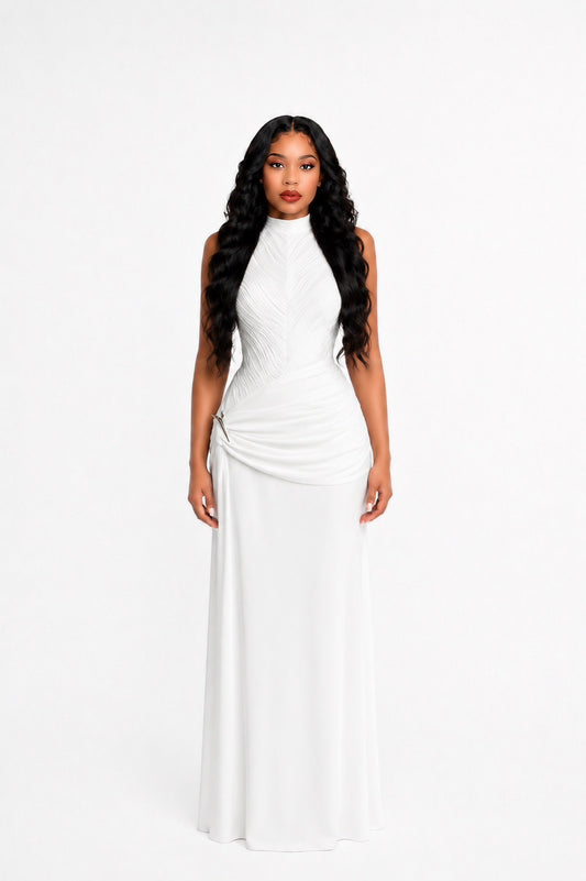 Halter Draped A Line Maxi Dress White