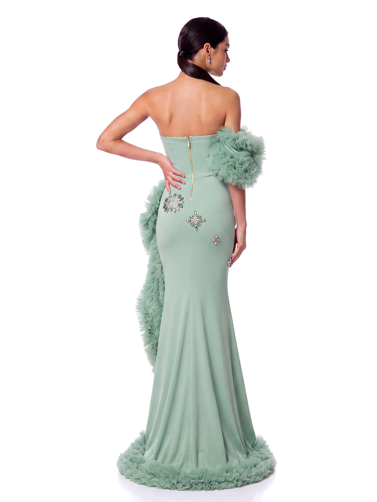 One Shoulder Crystal Tulle Maxi Dress