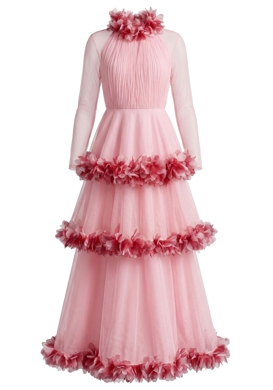 Long Sleeve Feather A Line Maxi Dress Pink