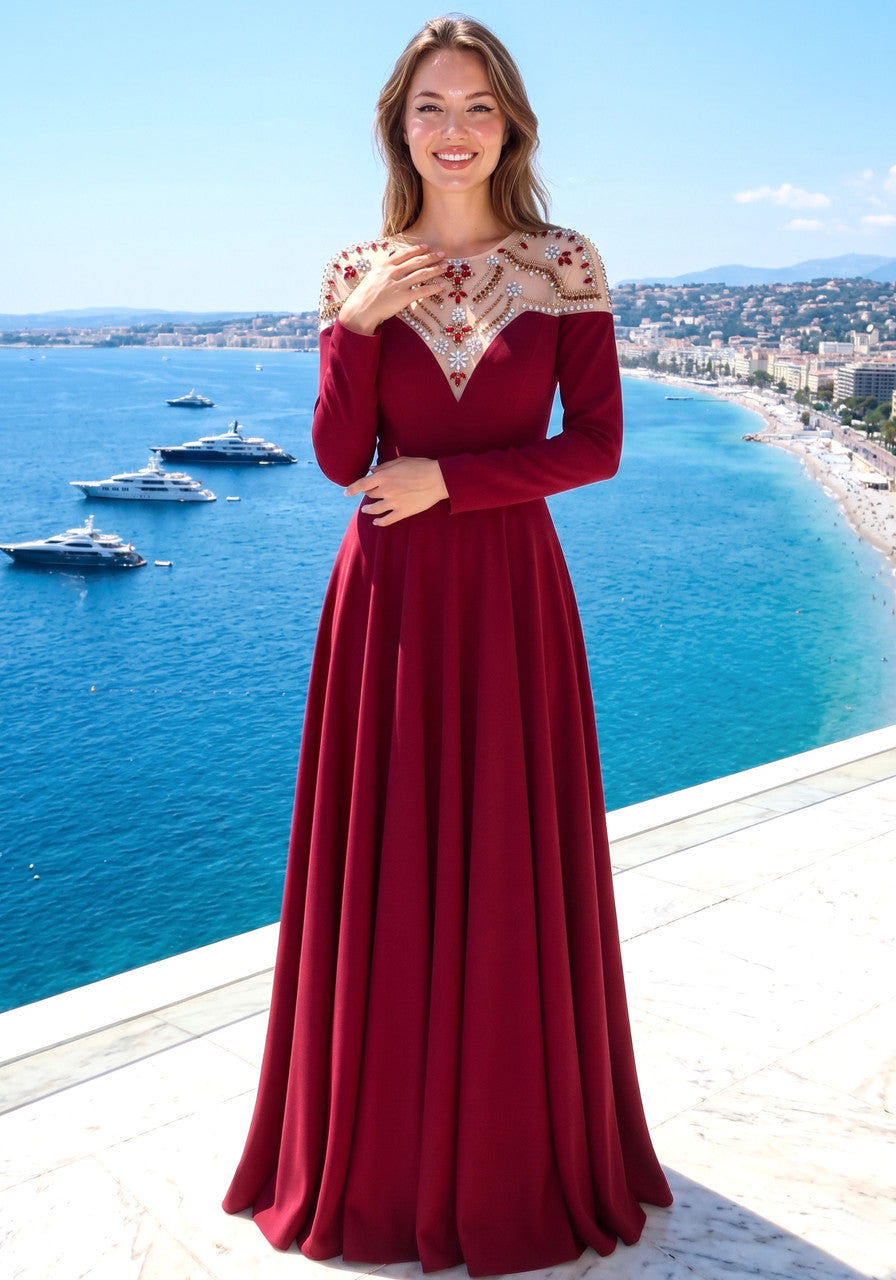 Long Sleeve Crystal Mesh A Line Maxi Dress Burgundy