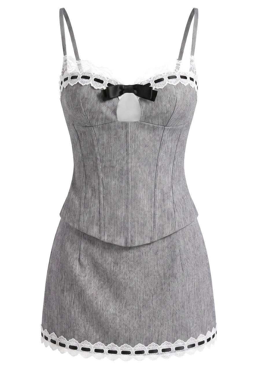 Lace Trim Two Piece Dress Grey