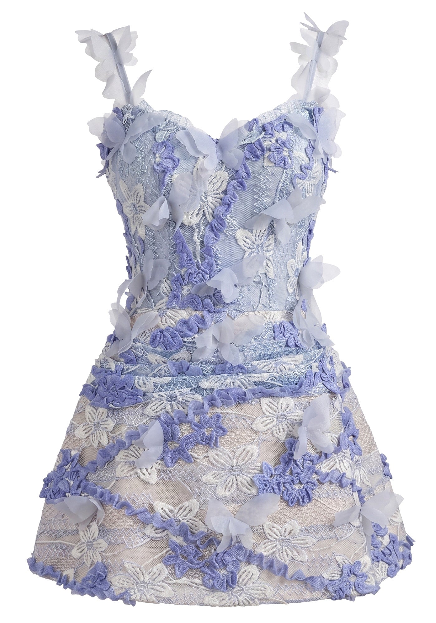 Floral Butterfly Lace A Line Dress Blue