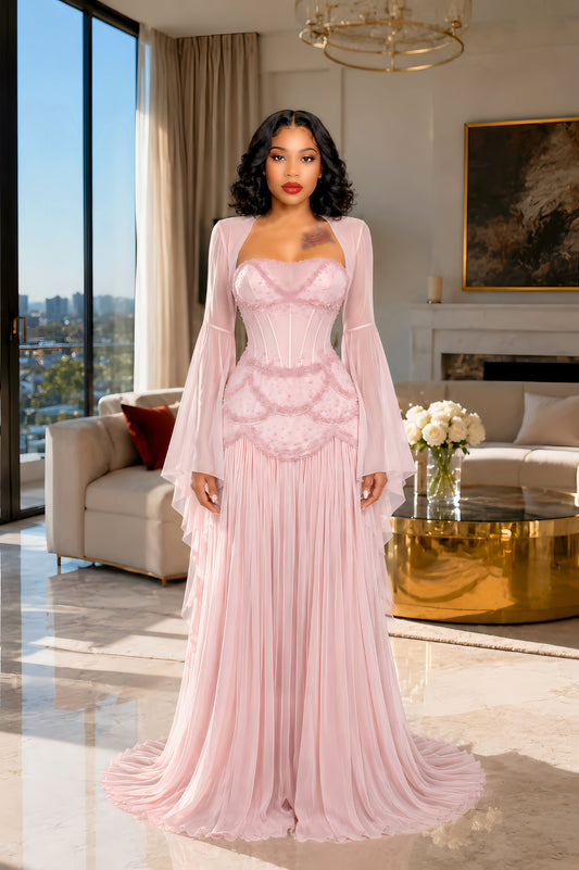 Pink Faux-pearl-embellished Pleated Maxi Dress