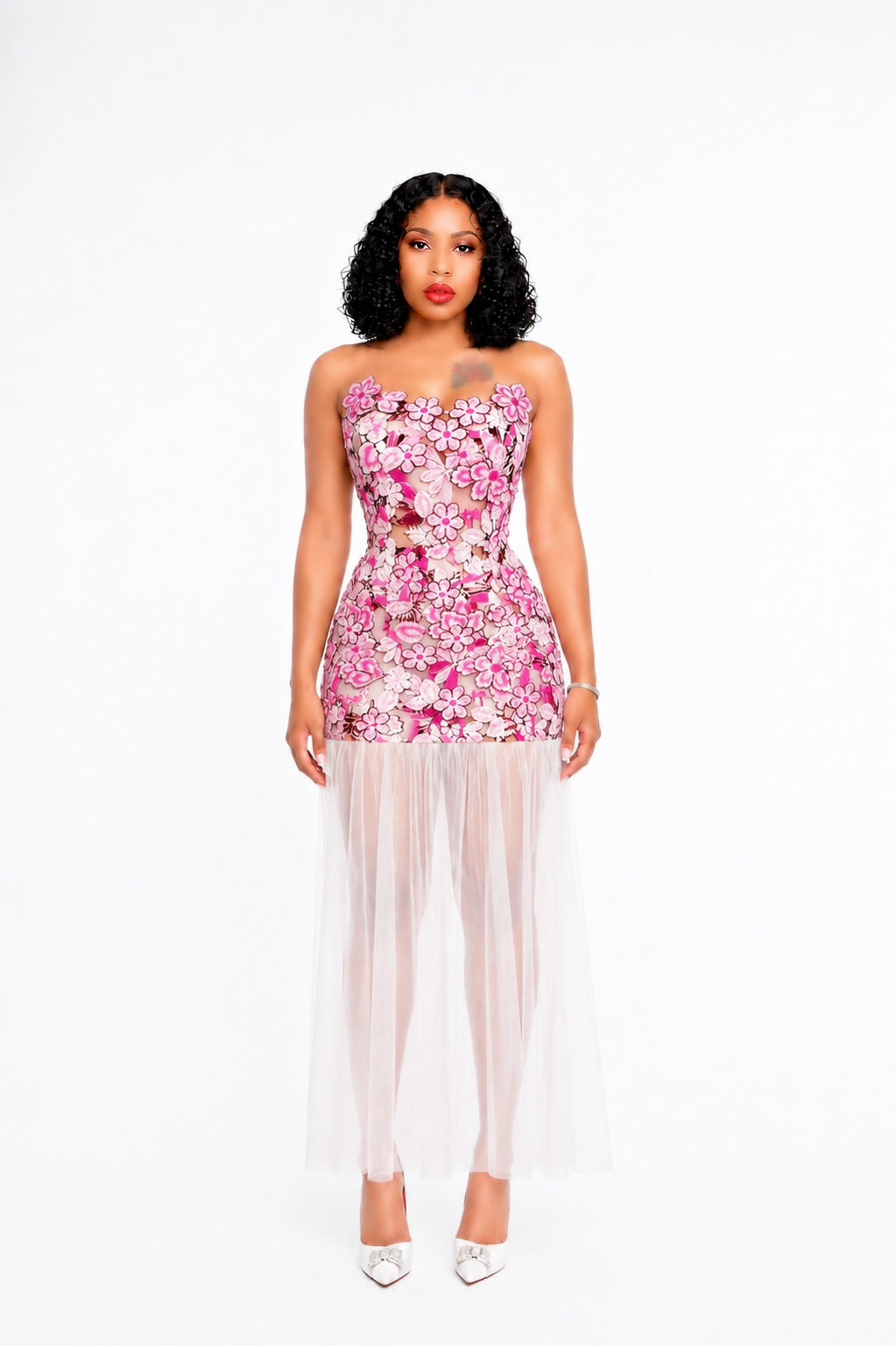 Strapless Floral A Line Maxi Dress Hot Pink