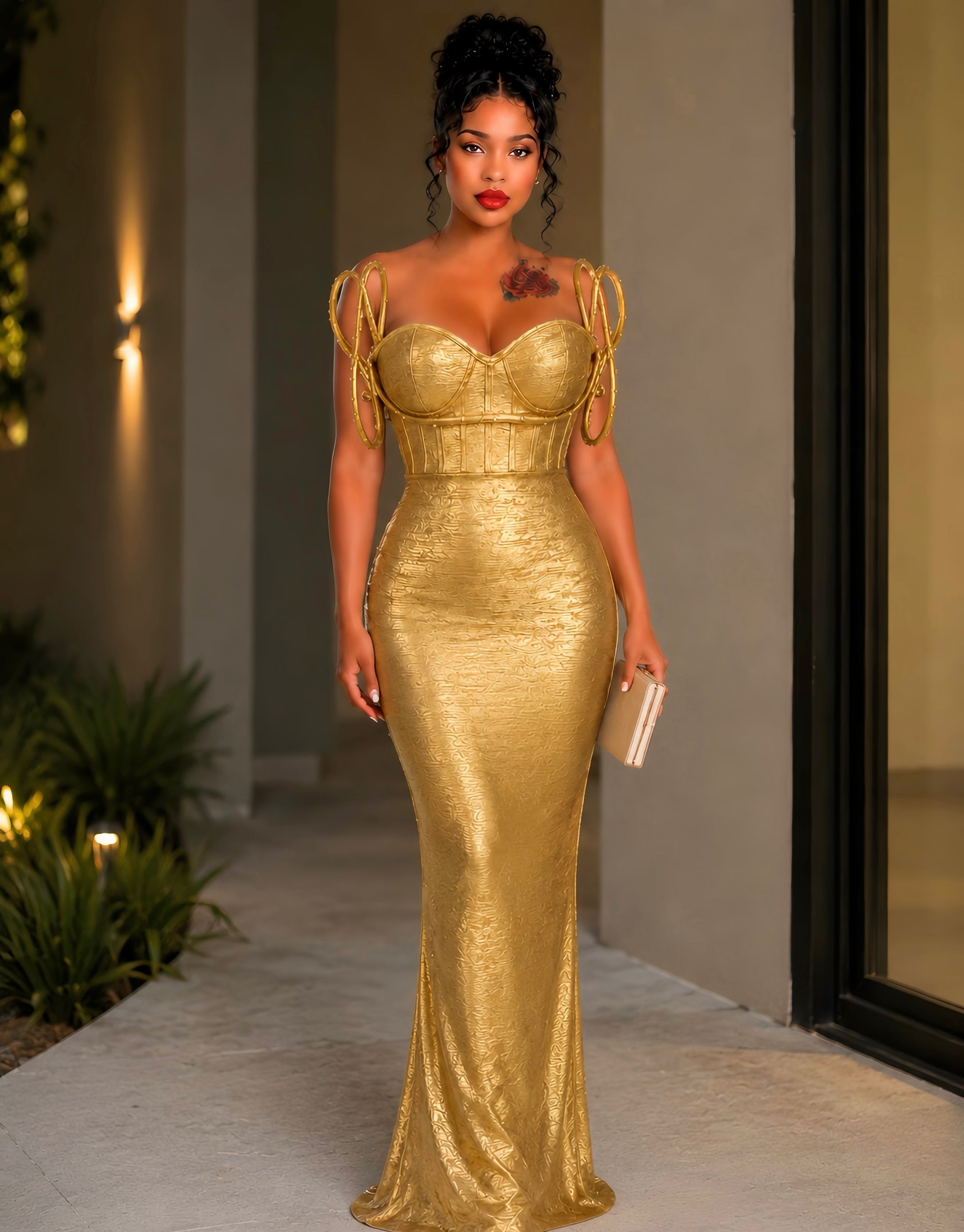 Celestia Sculpted Metallic gold dress