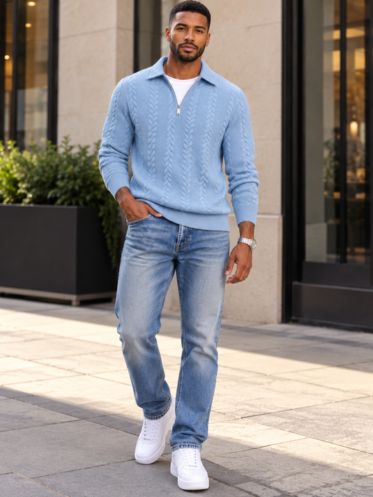 Men's Full Size Quarter-Zip Cable Knit Jacquard Sweatshirt Plus Size