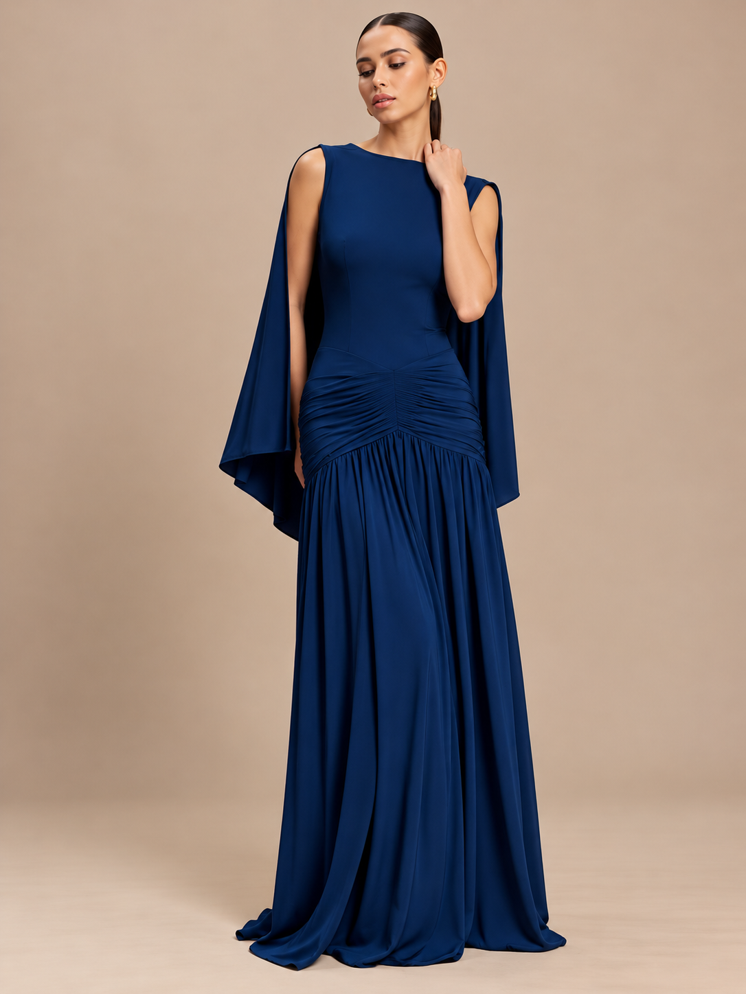Midnight Navy Ruched Cape Maxi Dress