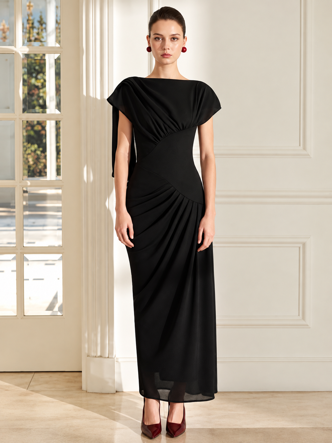 Midnight Elegance Draped Maxi Dress