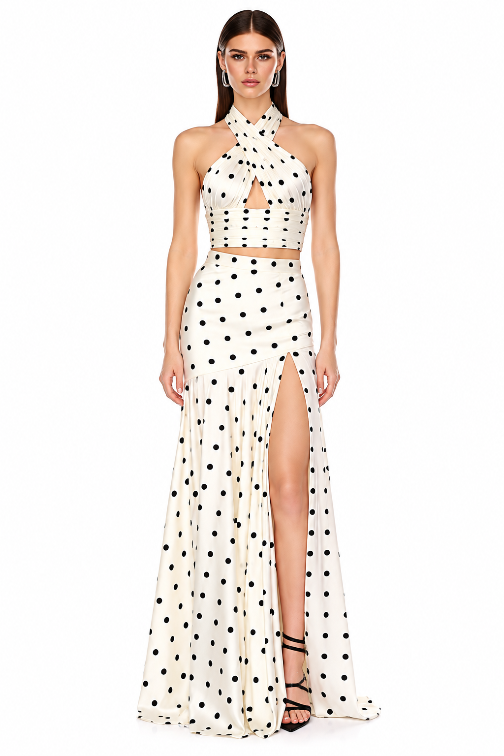 Ivory Polka Dot Halter Top & High-Slit Maxi Skirt Set