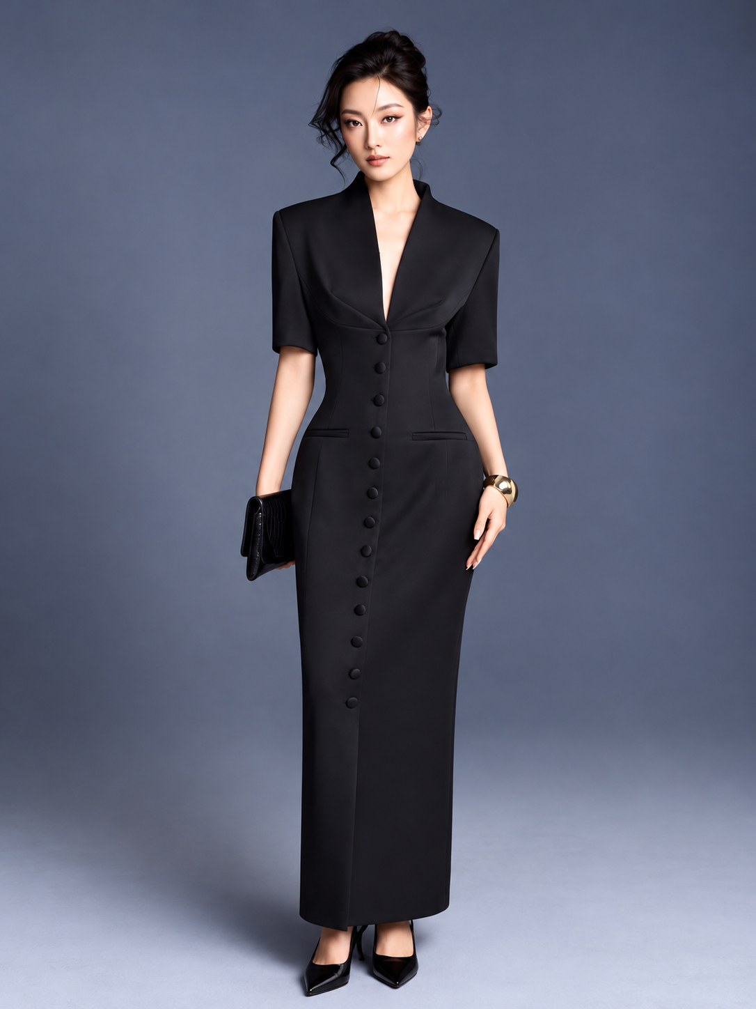 Midnight Elegance Tailored Maxi Blazer Dress