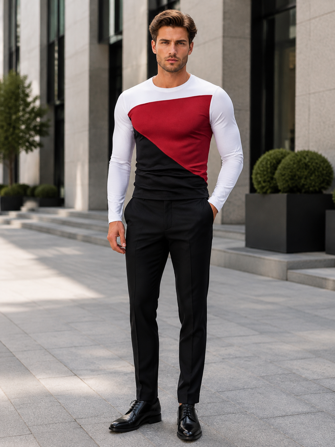 Men's Full Size Color Block Long Sleeve T-Shirt Plus Size