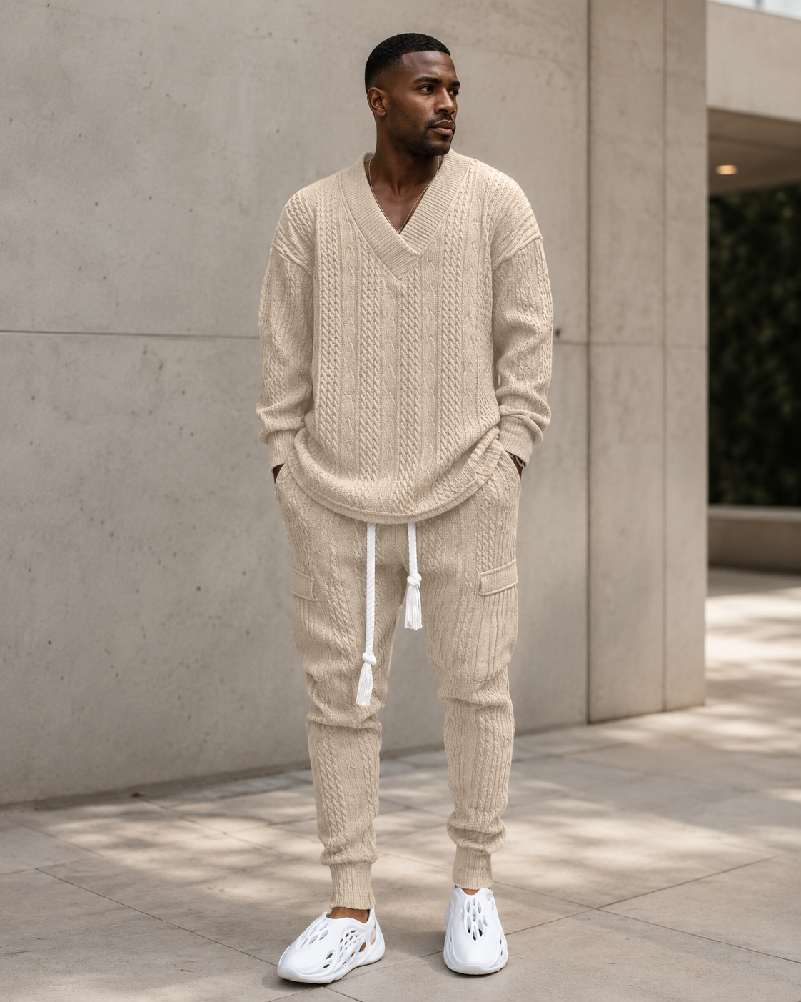 Men's Full Size Texture Knit Dropped Shoulder Top and Pants Set Plus Size