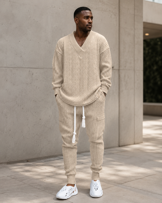 Men's Full Size Texture Knit Dropped Shoulder Top and Pants Set Plus Size