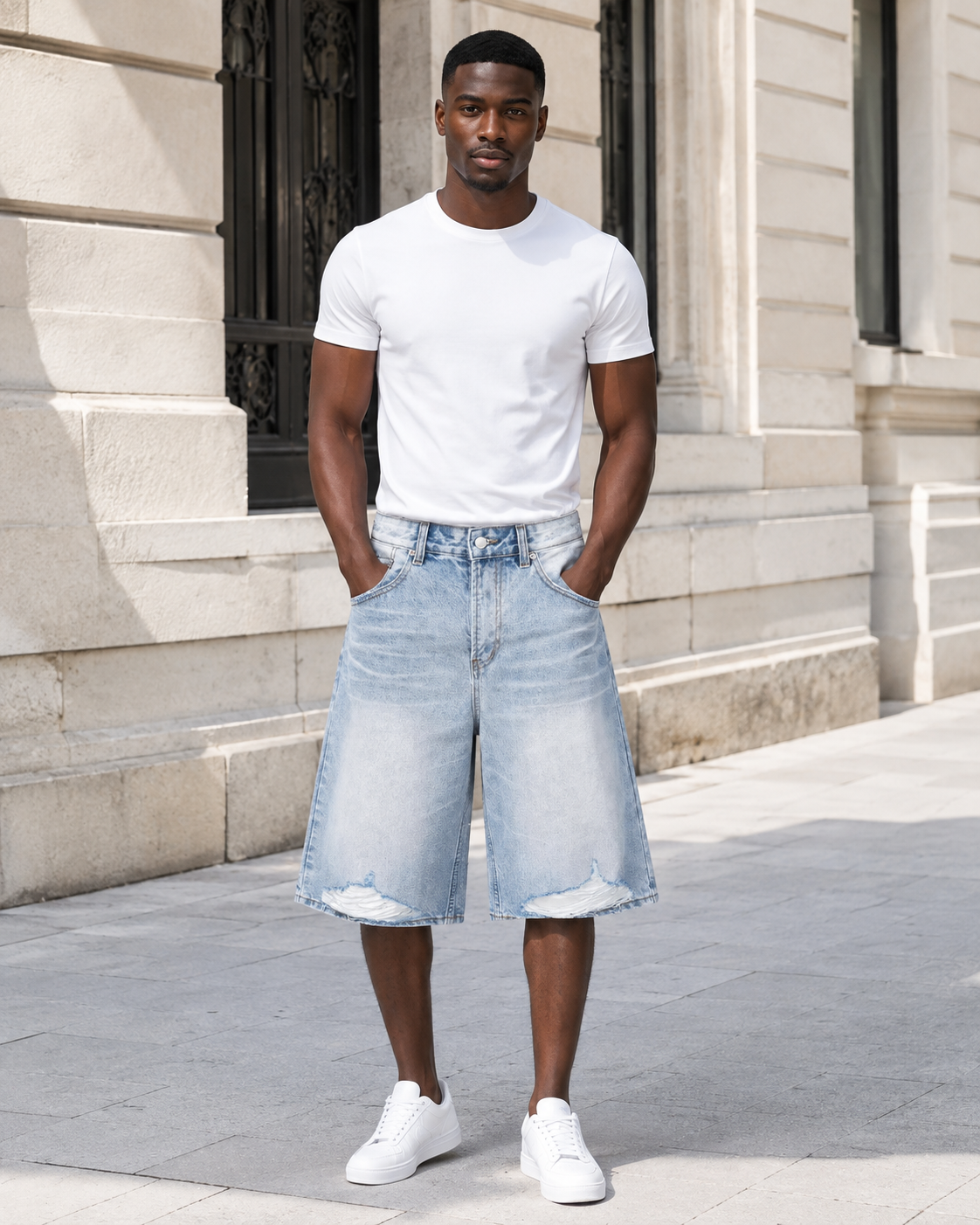 Men's High-Waisted Distressed Denim Capris