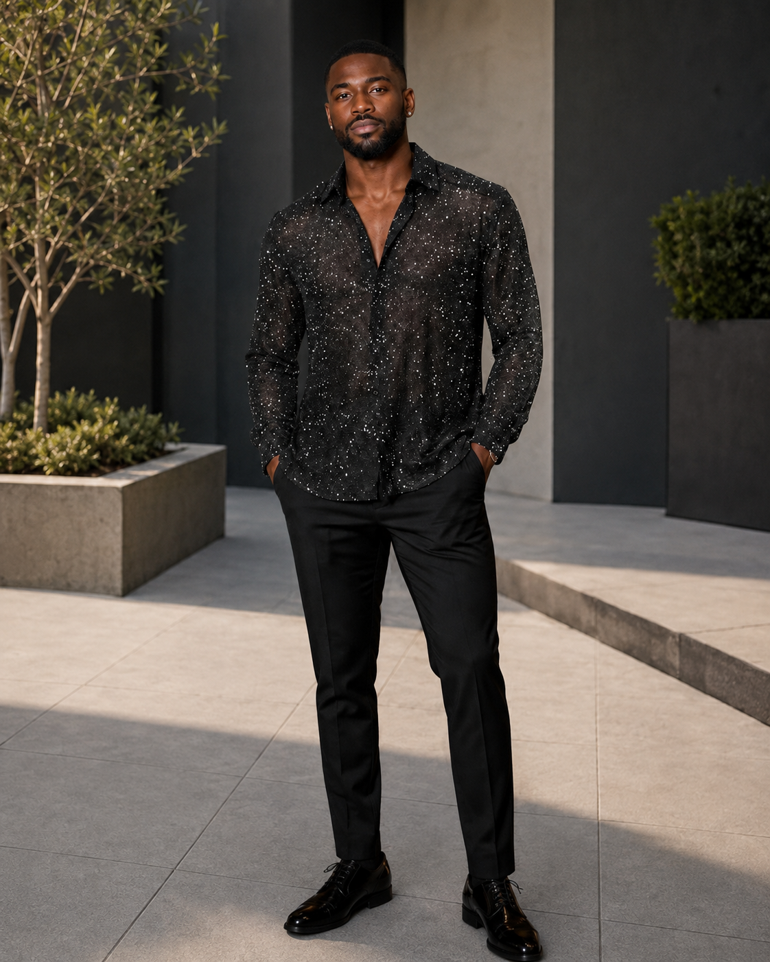 Men's Glitter Button Up Long Sleeve Shirt