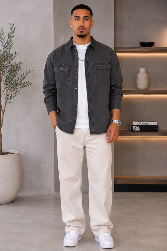 Men's Plus Size Button Up Shacket with Dual Chest Pockets