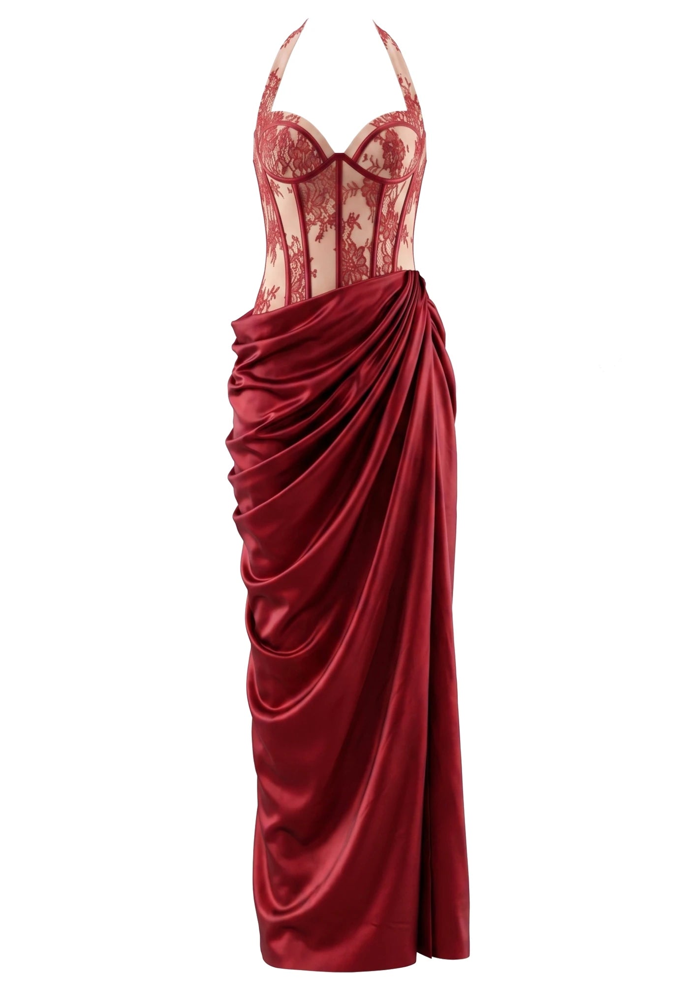 Halter Lace Corset Draped Maxi Dress Red