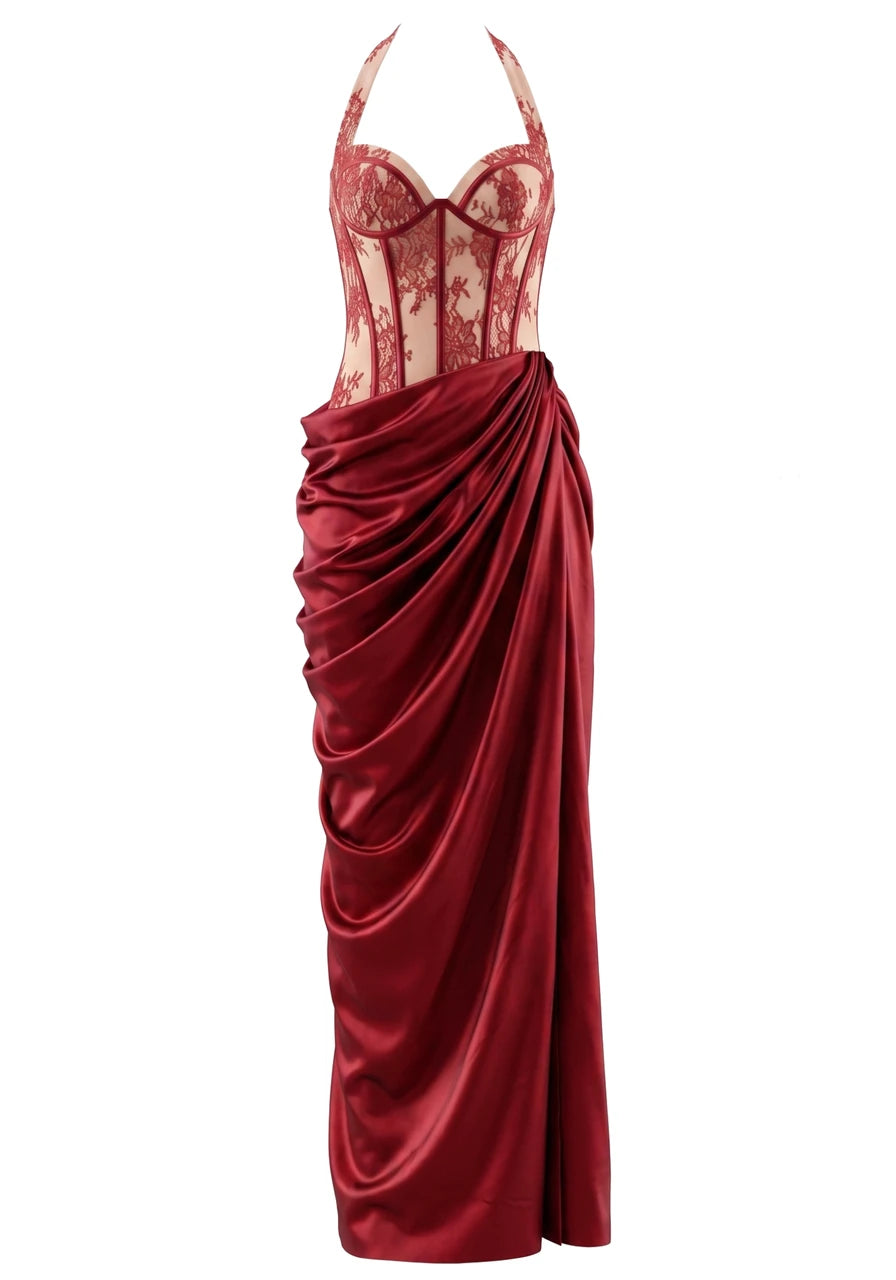 Halter Lace Corset Draped Maxi Dress Red