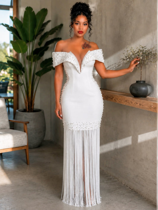 Pearl Embellished Bardot Tassel Maxi Dress White