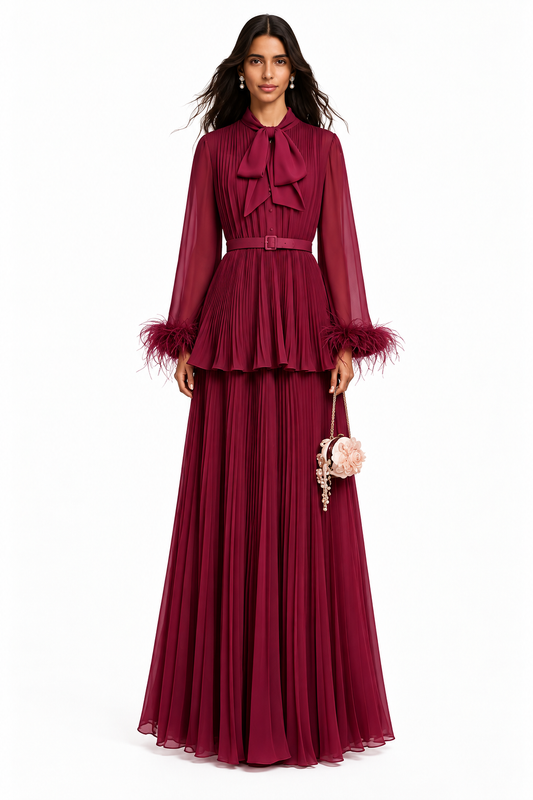 Burgundy Pleated Chiffon Two-Piece Set