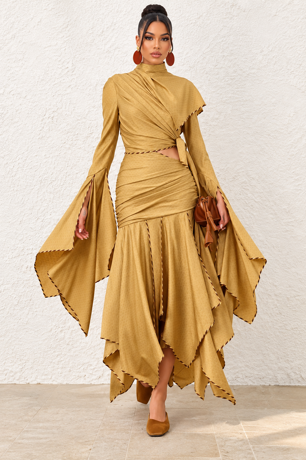 Gold Ruched Cut-Out Maxi Dress