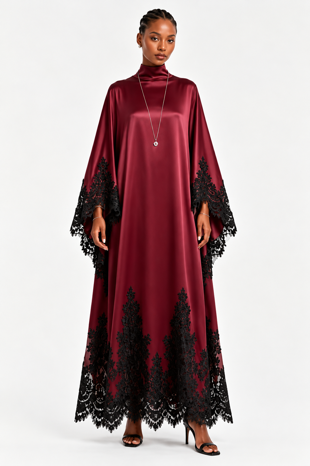 Burgundy Satin Lace-Trim Kaftan Maxi