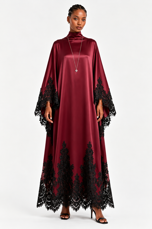 Burgundy Satin Lace-Trim Kaftan Maxi
