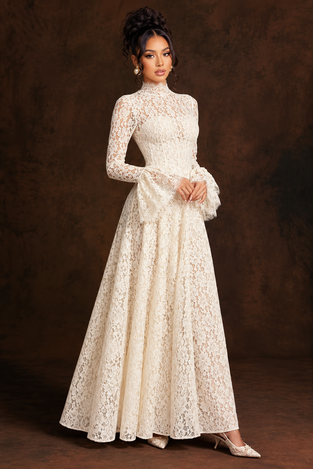 Ivory High-Neck Lace Maxi Dress