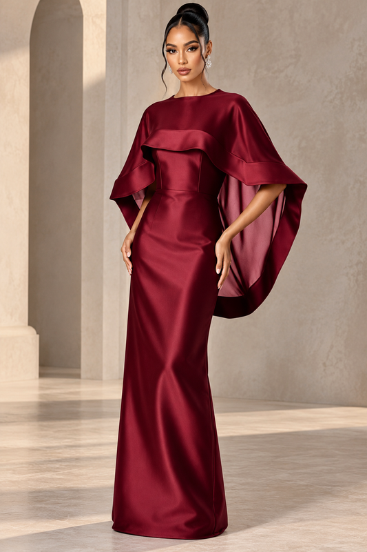 Burgundy Satin Cape Gown