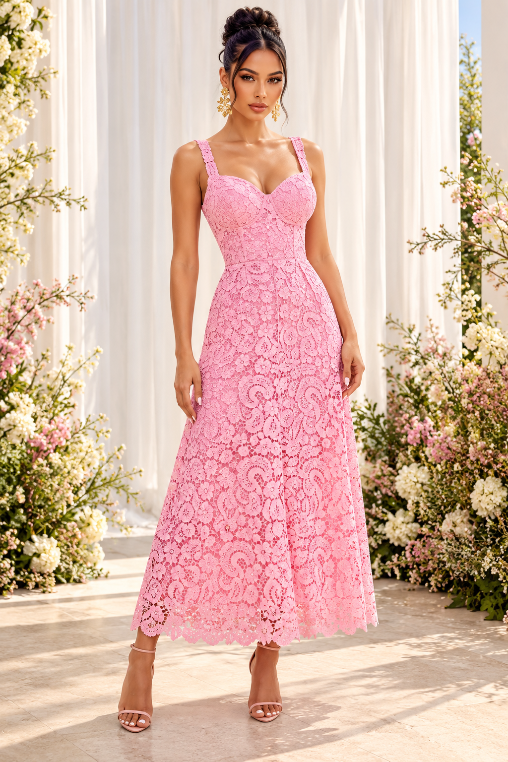 Pink Lace Slip Midi Dress