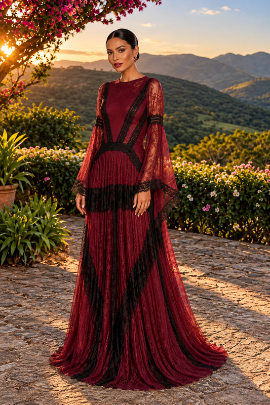 Burgundy Lace Bell-Sleeve Maxi Dress