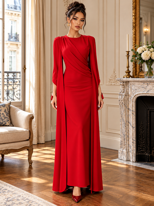 Red Cape-Sleeve Maxi Dress