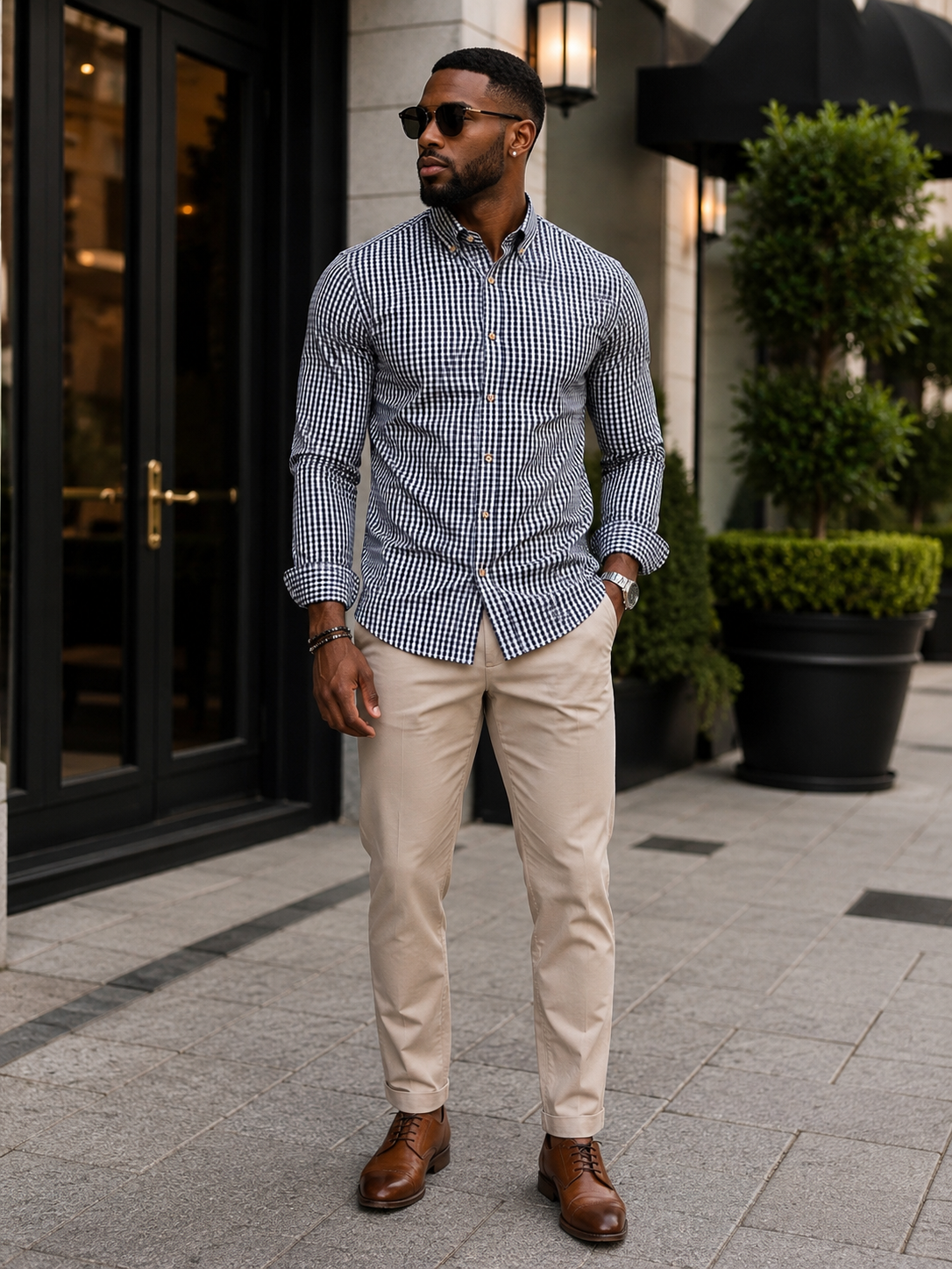 Men's Gingham Button-Down Long Sleeve Shirt