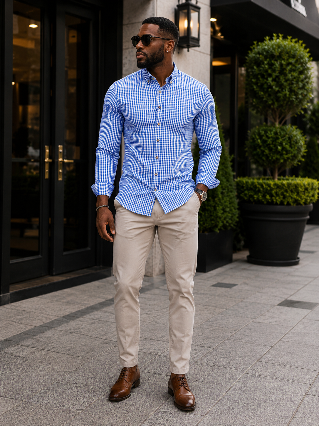Men's Gingham Button-Down Long Sleeve Shirt