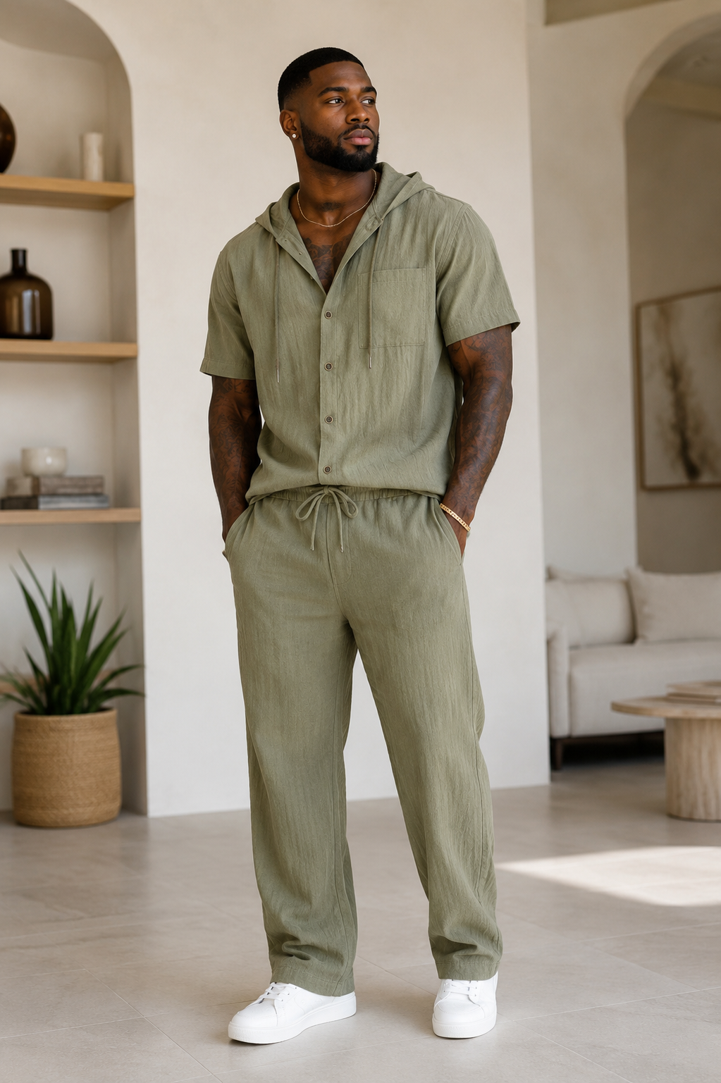 Men's Full Size Casual Hooded Short Sleeve Shirt and Pants Two-Piece Set Plus Size