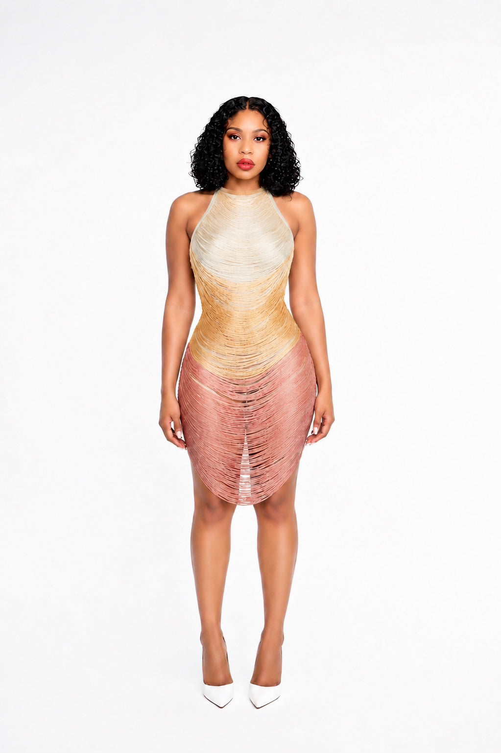 rose gold tassel dress Rose Gold Halter Fringe Maxi Dress Rose Gold / 10 main image 1