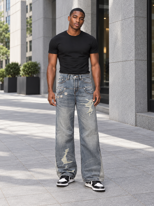 Men's Distressed Wide Leg Jeans