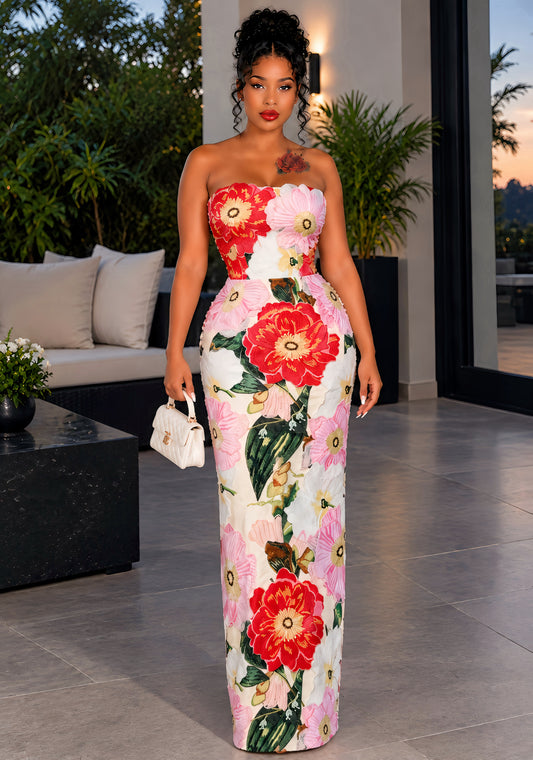 Strapless Floral Detail Midi Dress Red Pink