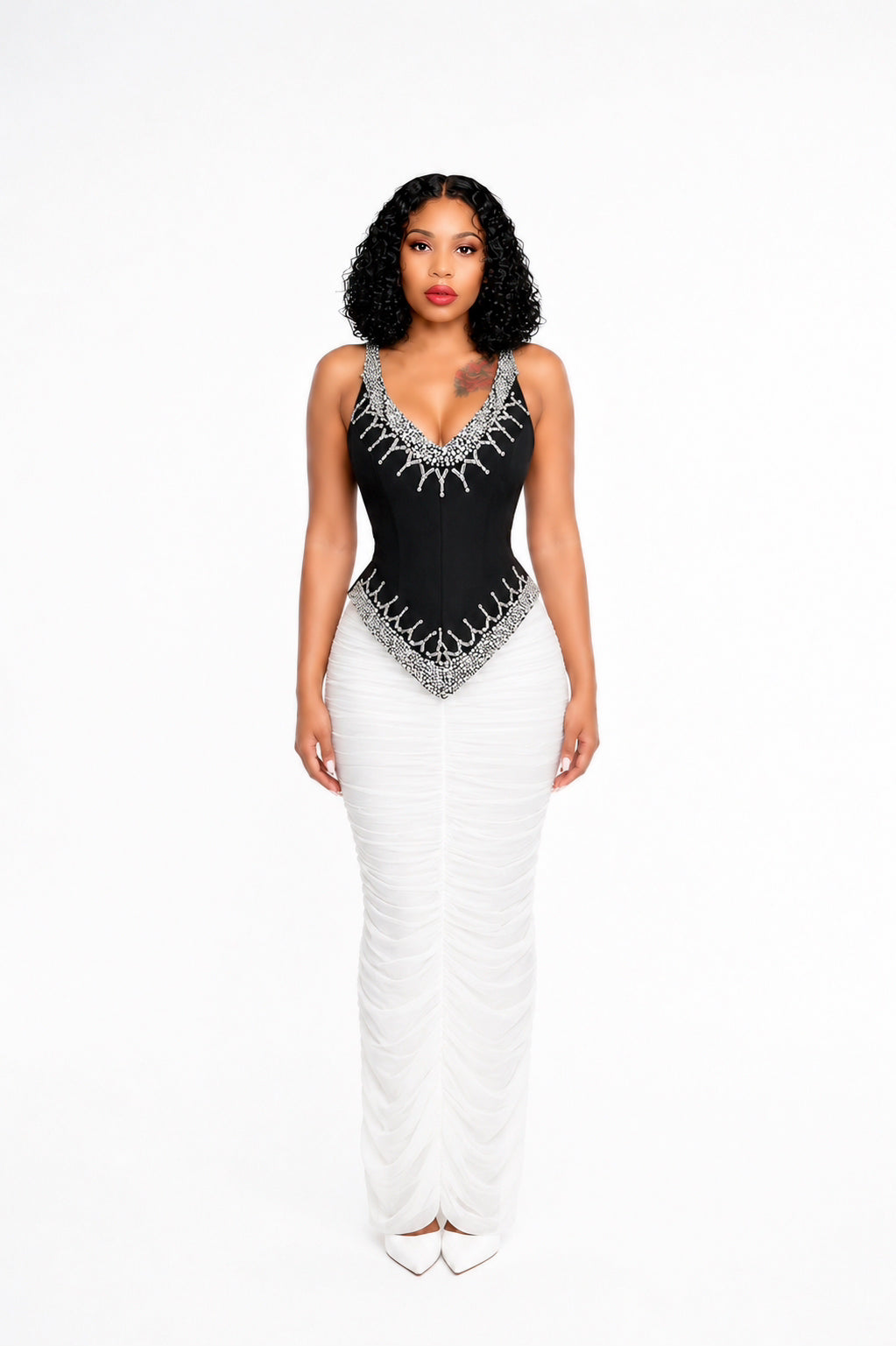 Embellished Draped Corset Two Piece Midi Dress Black White