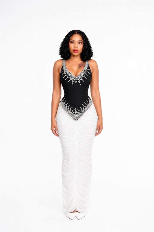 Embellished Draped Corset Two Piece Midi Dress Black White