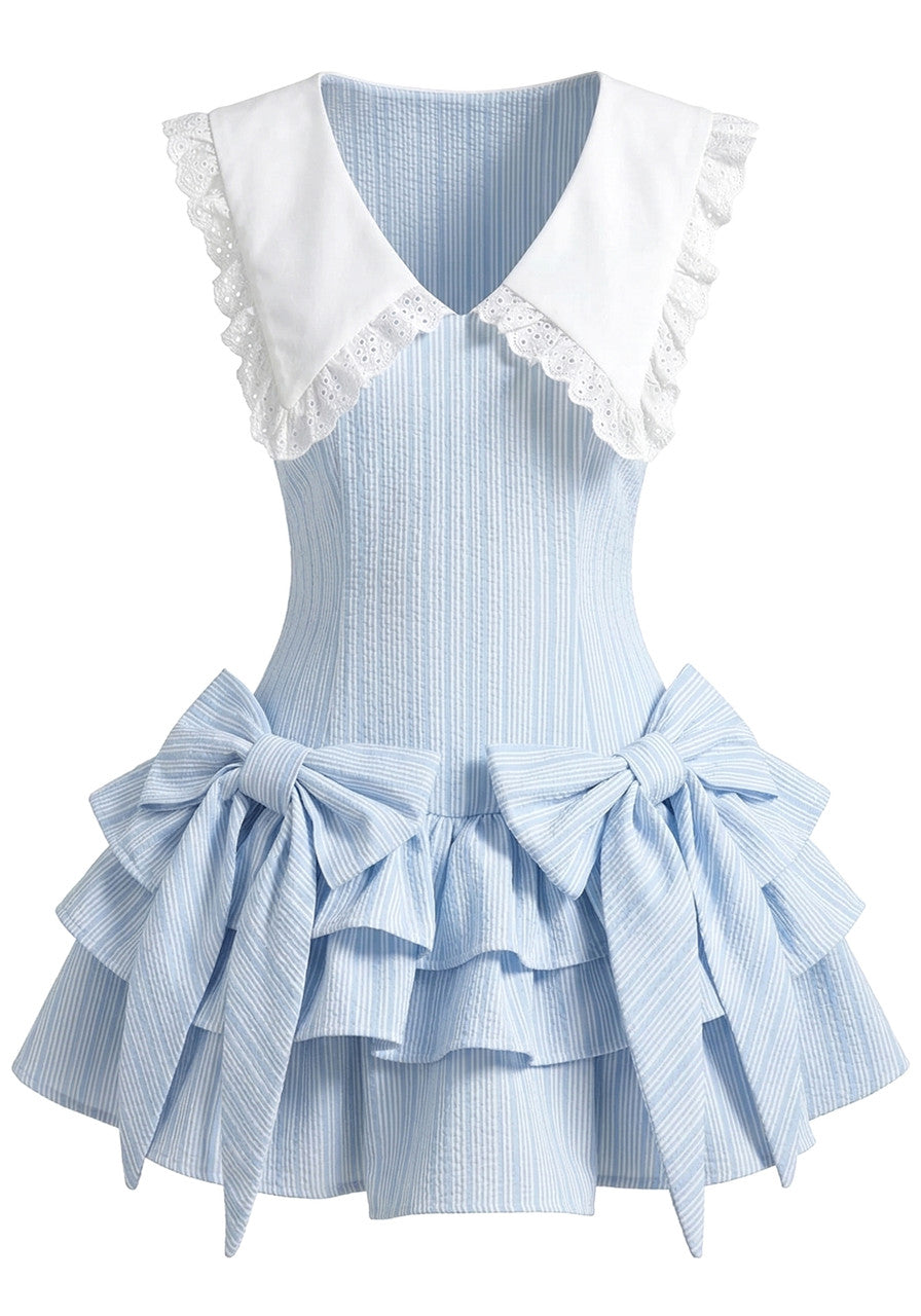 Bow Detail Striped Ruffle Dress Blue White