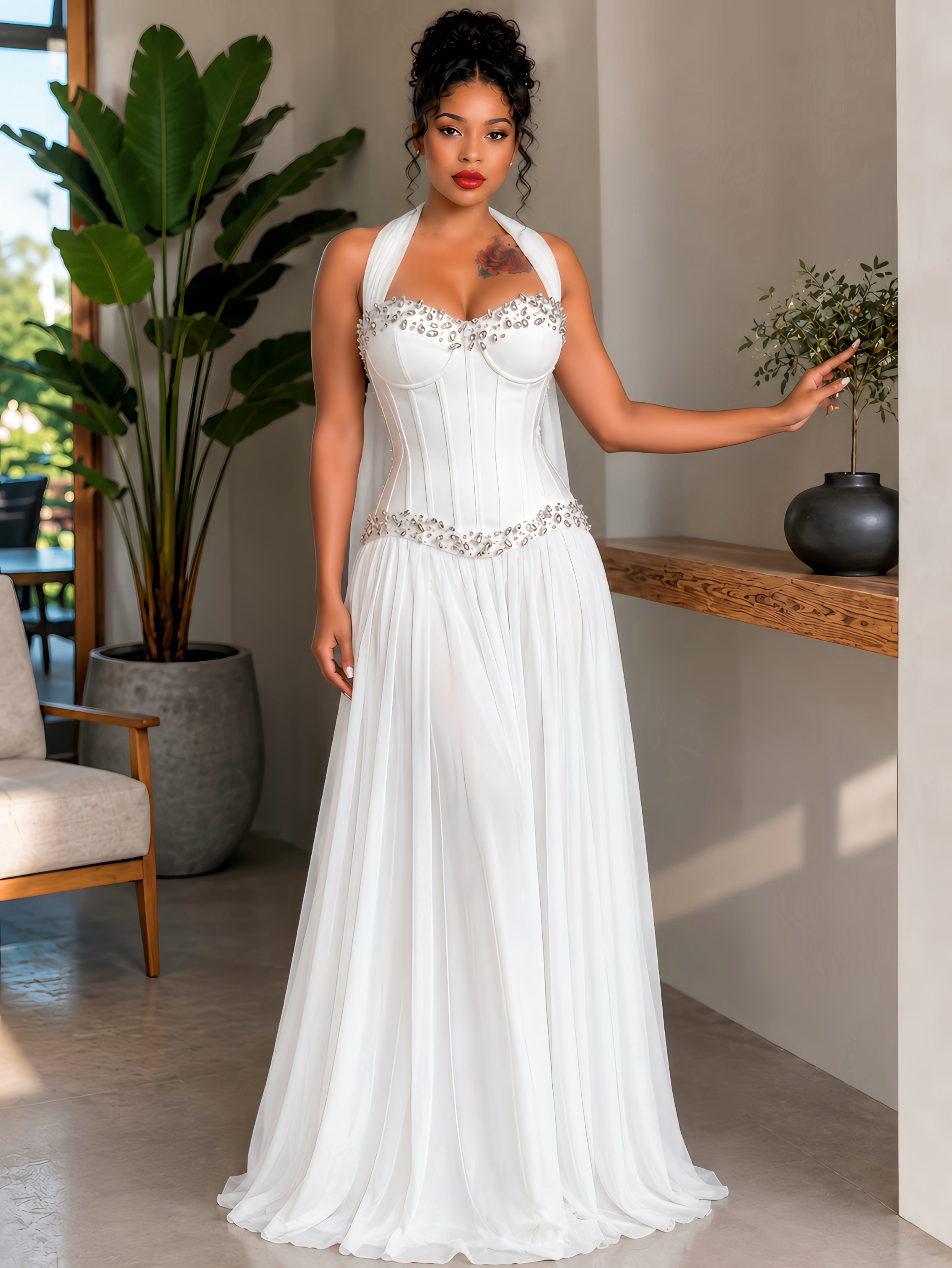 Strapless Crystal Bustier A Line Maxi Dress White