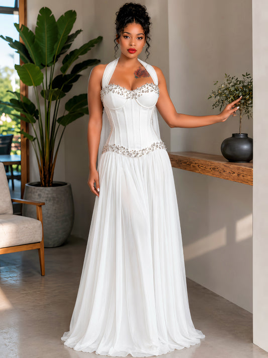 Strapless Crystal Bustier A Line Maxi Dress White