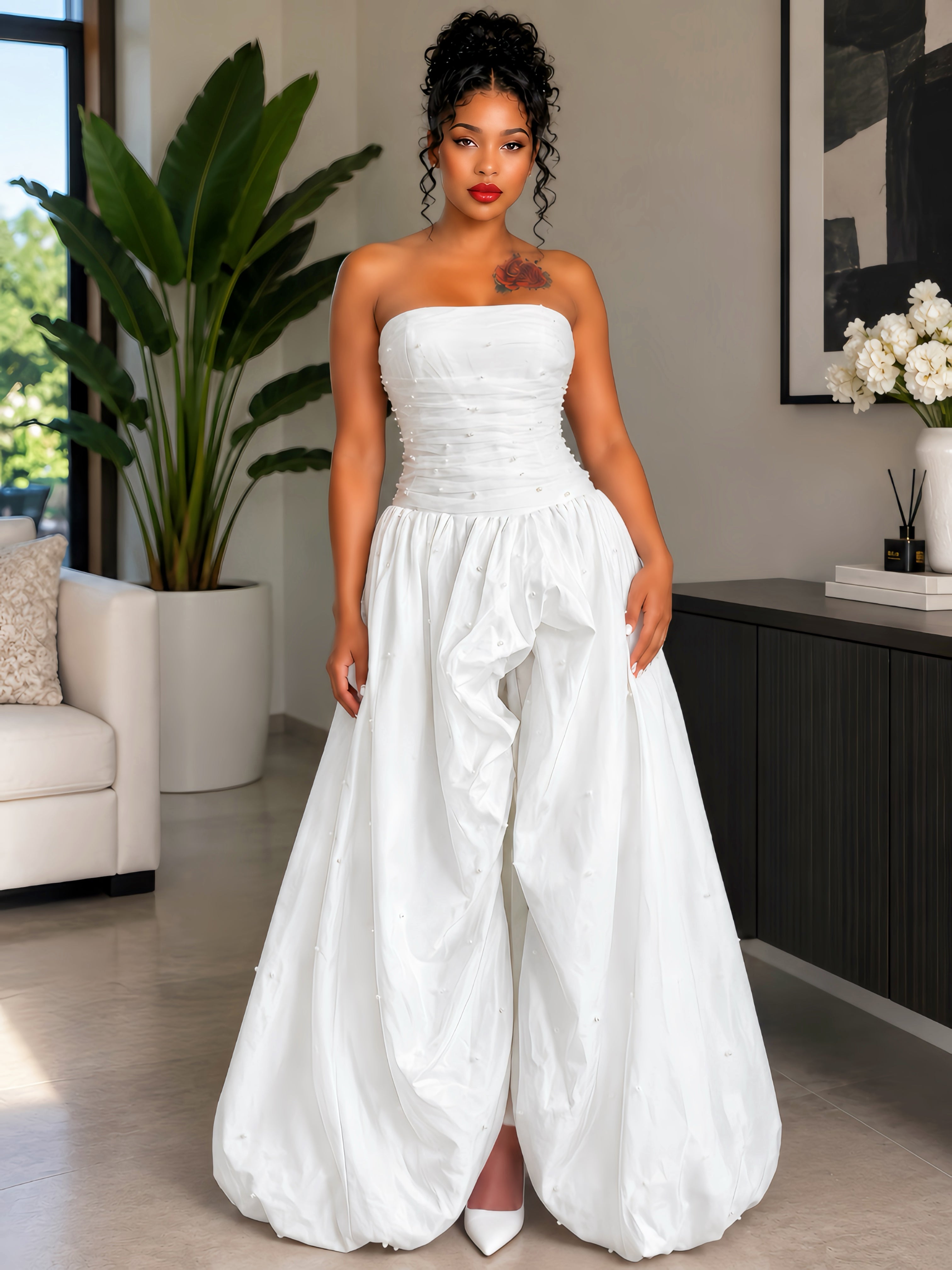Strapless Pearl Bubble Maxi Dress White